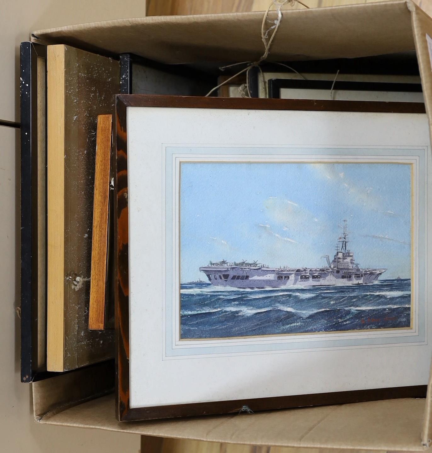 From the collection of Rear Admiral Humfrey John Bradley Moore, CBE, RI (British, 1898-1985). G. Sidney James, watercolour, HMS Vengeance, signed, 18 x 27cm, three watercolours of battleships by another hand and a group
